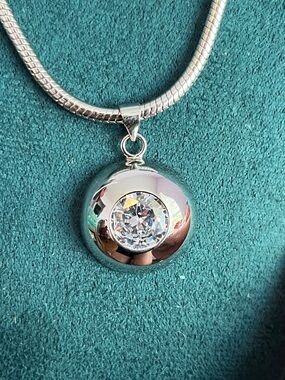 Polished Silver Necklace with Clear Crystal Stone -Modern Minimalist 16-18”